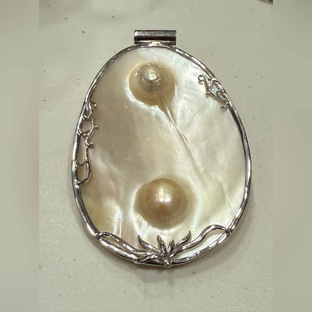 Vintage 90’s Modernist MOP, Reversible Shell, Huge 4” Sterling Silver Pendant